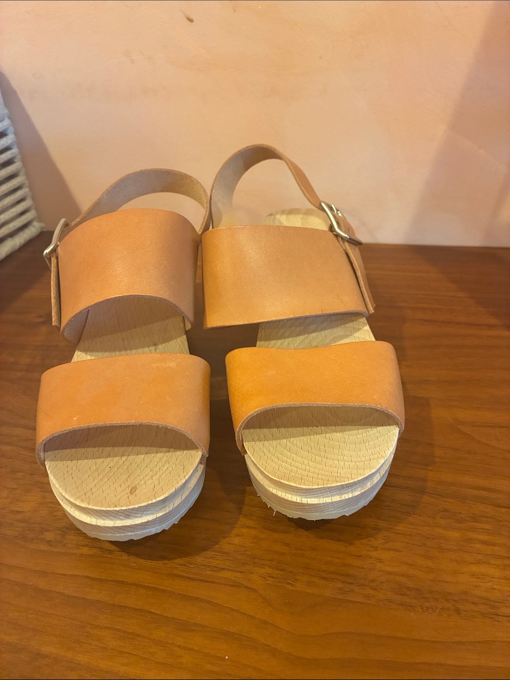 Women's Tan Leather Wedge Sandals with Adjustable Slingback